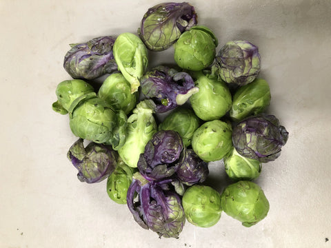 Brussels sprouts: mixed (green/purple) off the stalk organic